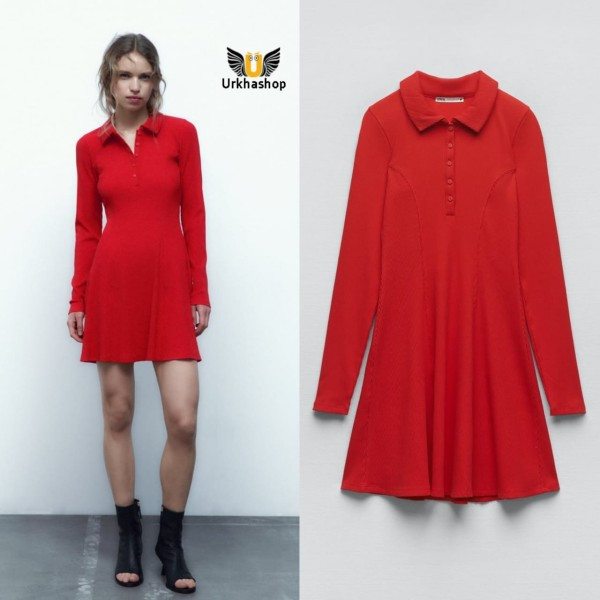 Long sleeve mini dress with polo collar for women