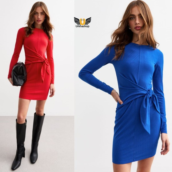 Red & Blue Tie Front Ribbed Mini Dress