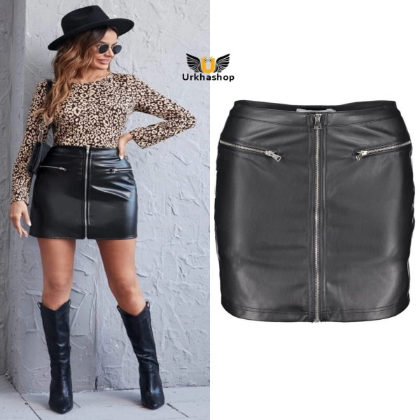 Ladies Leather Coated Front Zipper Stylish Skirt