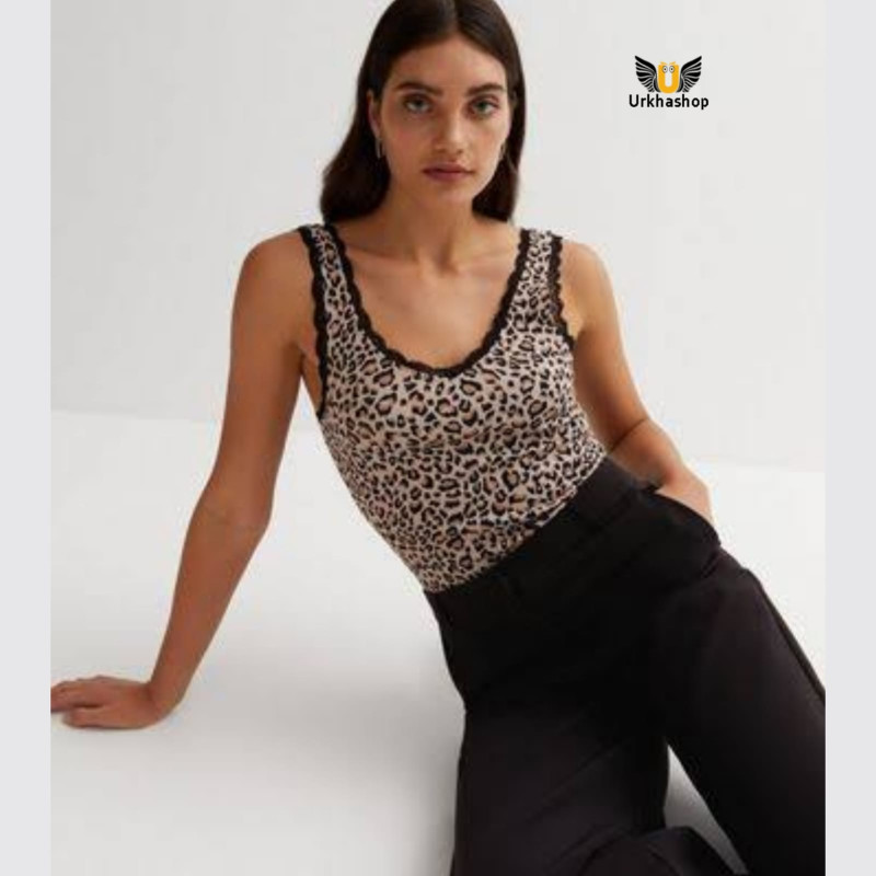 Leopard Lace Trim Ribbed Vest For Women